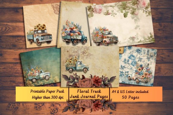 Download Floral Vintage Trucks Digital Papers - Digital paper Collection