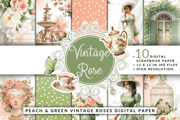 Download Peach &amp; Green Vintage Rose Digital Paper - Digital paper Collection